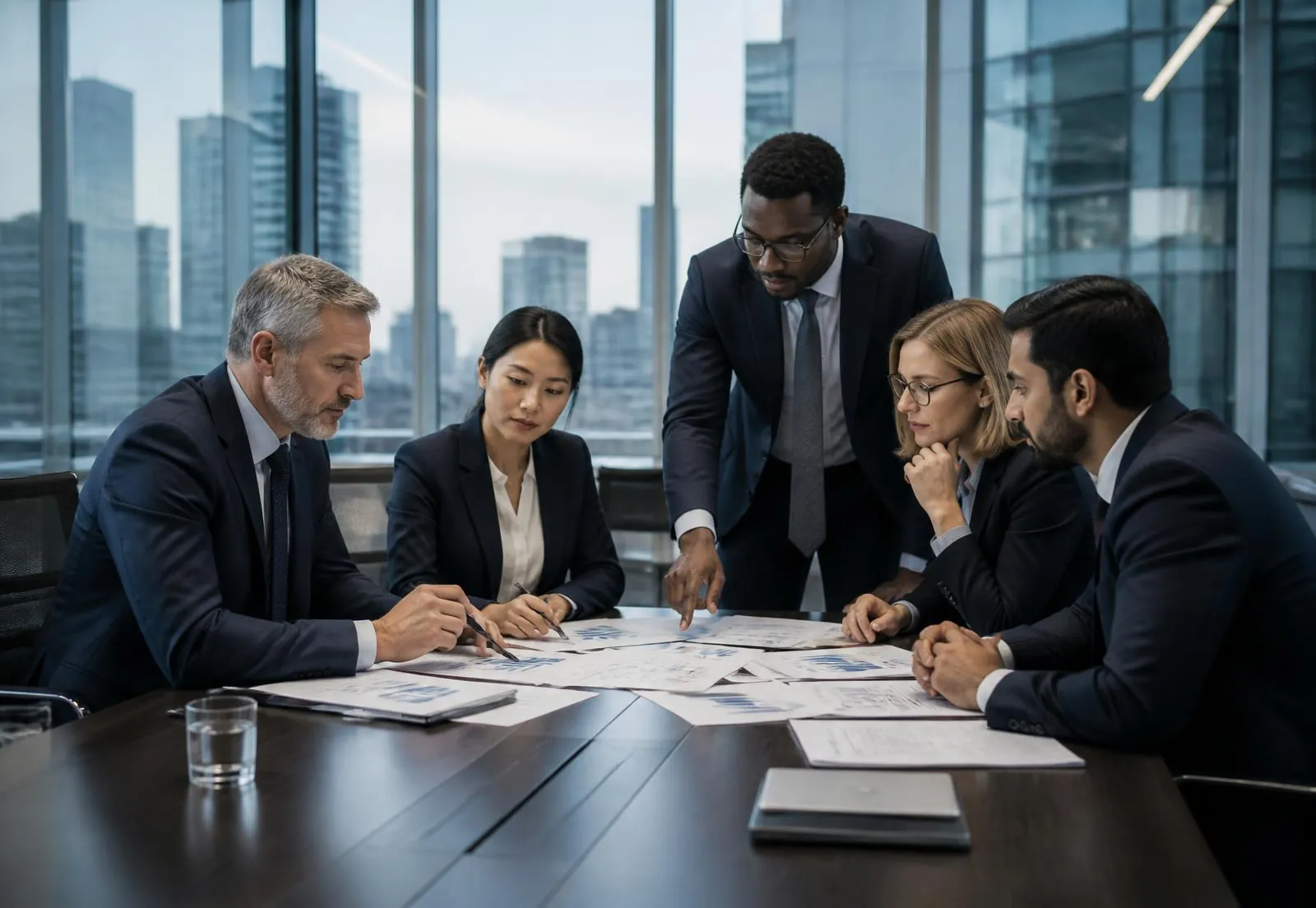 Recovery specialists reviewing receivables documentation in a corporate boardroom